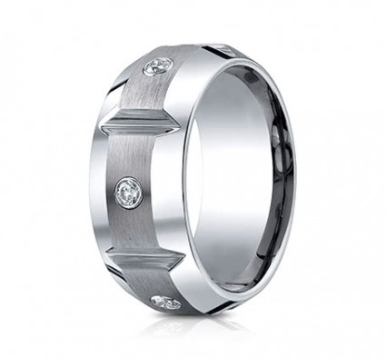 10mm Cobalt Ring With Satin Finish Sections & Three Diamonds | ACF610990CC