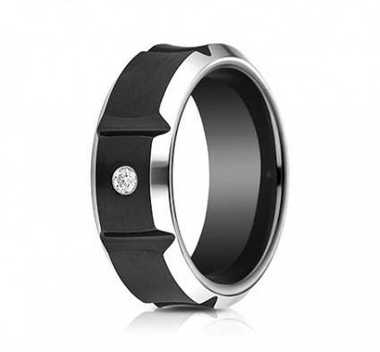 8mm Black Cobalt Ring With Concave sections & One Diamond | ACF98492BKCC