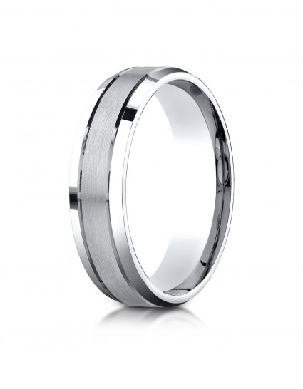 10k White Gold 6mm Comfort-Fit Satin-Finished High Polished Beveled Edge Carved Design Band