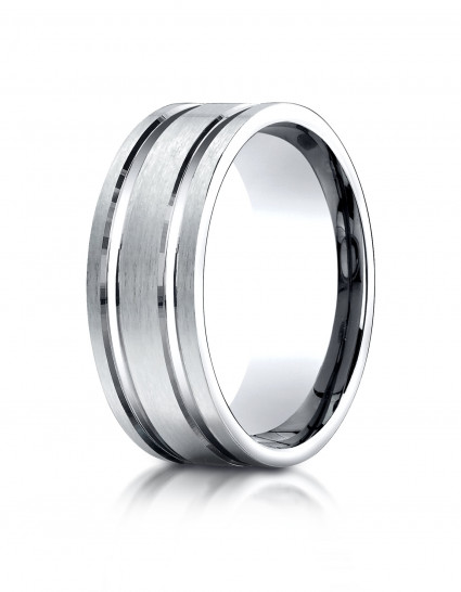 10k White Gold 8mm Comfort-Fit Satin-Finished with Parallel Grooves Carved Design Band | Aura Diamonds