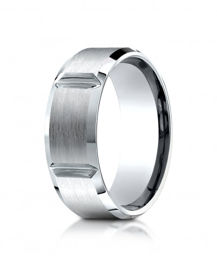 10k White Gold 8mm Comfort-Fit Satin-Finished Grooves Carved Design Band