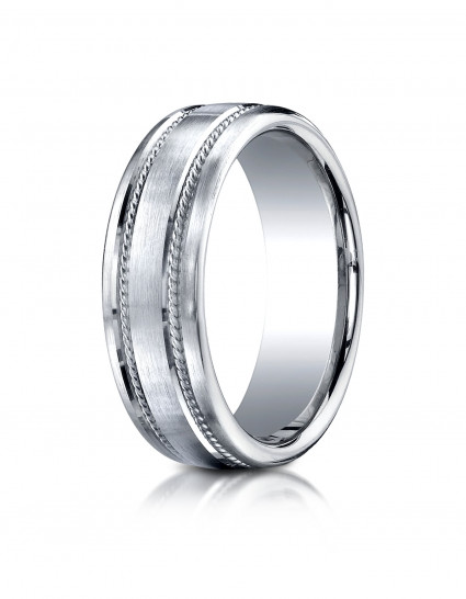 14k White Gold 7.5mm Comfort-Fit Satin-Finished Rope Carved Design Band