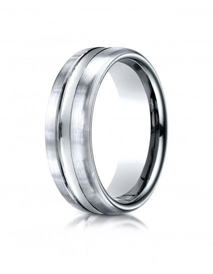 14k White Gold 7.5mm Comfort-Fit Satin-Finished High Polished Center Cut Carved Design Band