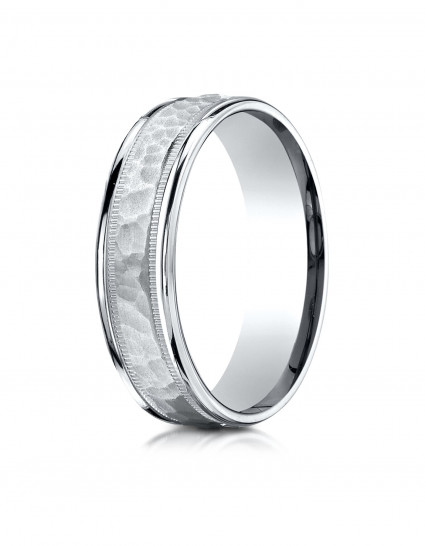 10K White Gold 6mm Comfort-Fit Hammered Center High Polish Round Edge Carved Design Band