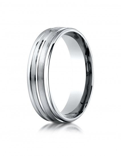 10k White Gold 6mm Comfort-Fit Satin-Finished High Polished Center Trim and Round Edge Carved Design Band