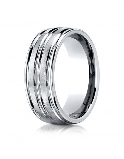 10k White Gold 8mm Comfort-Fit Satin-Finished High Polished Center Trim and Round Edge Carved Design Band