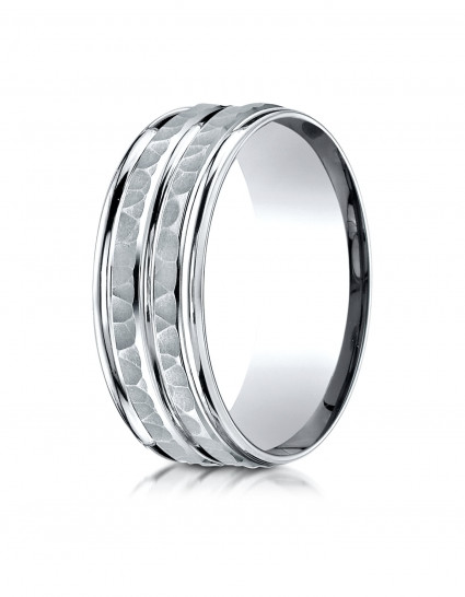 10K White Gold 8mm Comfort-Fit Hammer-Finished High Polished Center Trim and Round Edge Carved Design Band