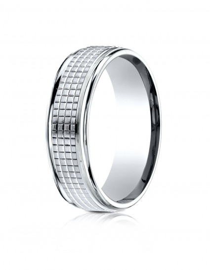 10k White Gold 7mm Comfort-Fit High Polish Round Edge Cross Hatch Center Design Band