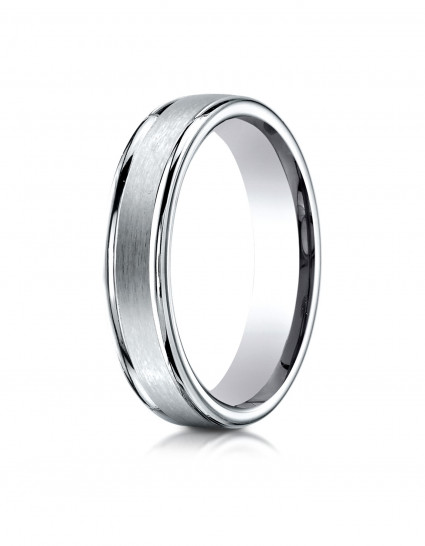 14k White Gold 4mm Comfort-Fit Satin-Finished High Polished Round Edge Carved Design Band