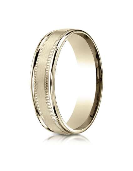 10k Yellow Gold 6mm Comfort-Fit Satin Finish Center with Milgrain Round Edge Carved Design Band