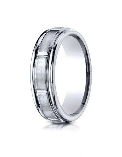 10k White Gold 6mm Comfort-Fit Satin-Finished 8 High Polished Center Cuts and Round Edge Carved Design Band