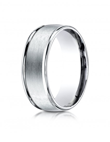 10k White Gold 8mm Comfort-Fit Satin Finish High Polished Round Edge Carved Design Band | Aura Diamonds