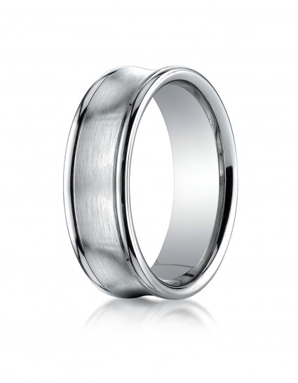 14k White Gold 7.5mm Comfort-Fit Satin-Finished Concave Round Edge Carved Design Band