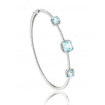 Three Stone Halo Aquamarine Bangle Bracelet