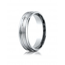 10k White Gold 6mm Comfort-Fit Satin-Finished High Polished Center Trim and Round Edge Carved Design Band