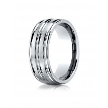 10k White Gold 8mm Comfort-Fit Satin-Finished High Polished Center Trim and Round Edge Carved Design Band