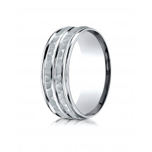 10K White Gold 8mm Comfort-Fit Hammer-Finished High Polished Center Trim and Round Edge Carved Design Band