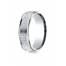 10k White Gold 7mm Comfort-Fit High Polish Round Edge Cross Hatch Center Design Band